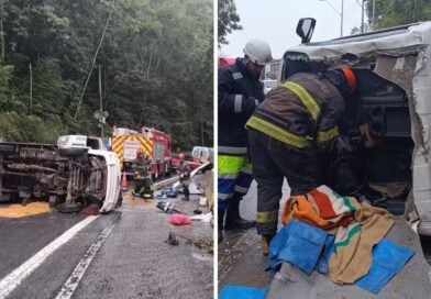 RESGATE DRAMÁTICO NA TAMOIOS: MOTORISTA FICA PRESO ÀS FERRAGENS APÓS CAMINHÃO CAPOTAR NA SERRA VELHA