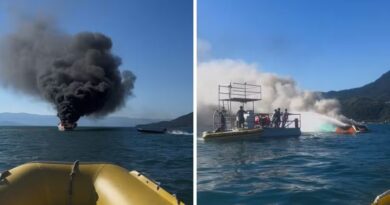 FOGO NO MAR: EMBARCAÇÃO PEGA FOGO, AFUNDA E OCUPANTE É RESGATADO POR NAVEGANTES EM ILHABELA