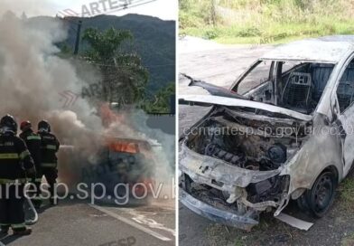 CARRO VIRA BOLA DE FOGO NA TAMOIOS E INTERDITA TRECHO DA SERRA EM CARAGUATATUBA